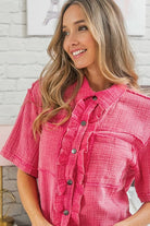 BiBi Fuchsia Mineral Washed Wrinkle Gauze Raw Edge Shirt Top