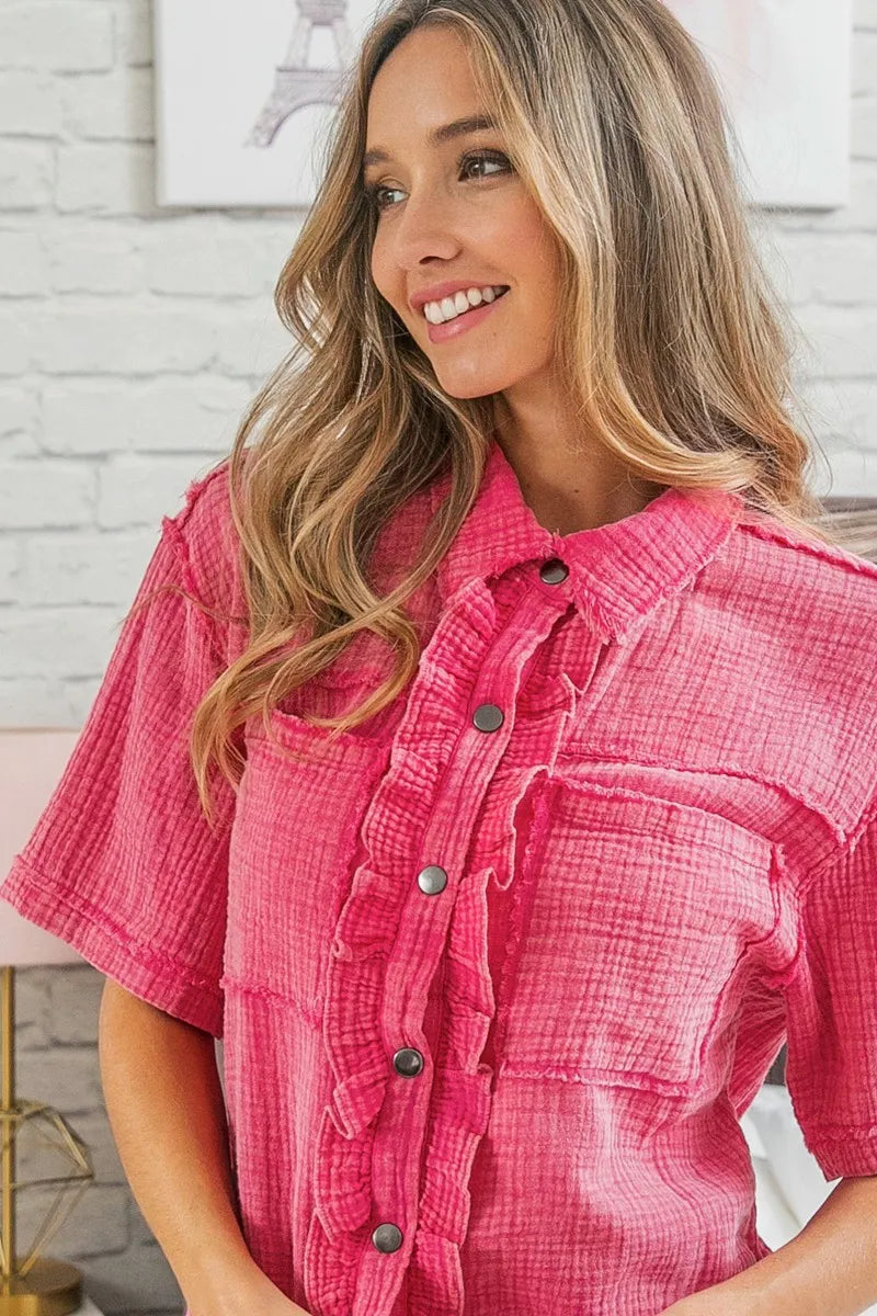 BiBi Fuchsia Mineral Washed Wrinkle Gauze Raw Edge Shirt Top