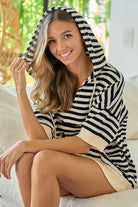 BiBi Stripe Fleece Notch Neck Short Sleeve Hoodie