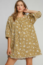 Umgee Raw Hem Floral Print Round Neck Denim Dress in Mocha Mocha Dresses