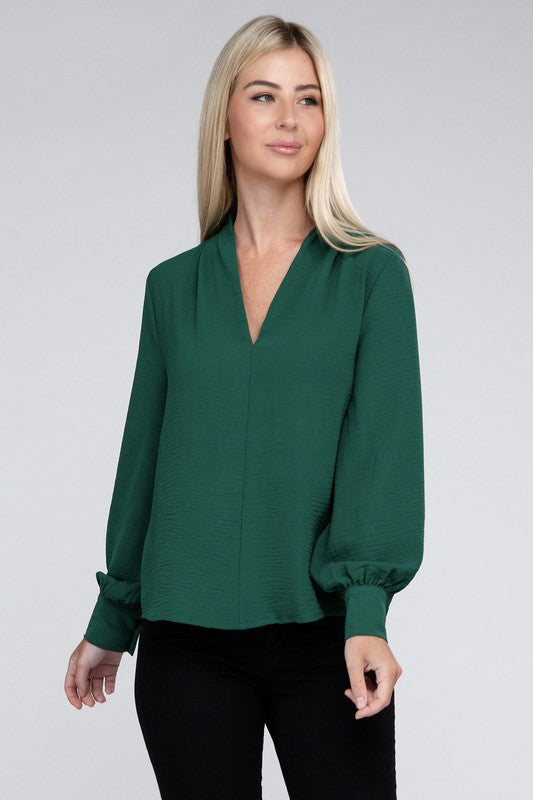 Zenana Woven Airflow V-Neck Long Sleeve Top Shirts & Tops