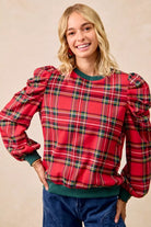 BiBi Christmas Plaid Exaggerated Shoulder Sleeves Top