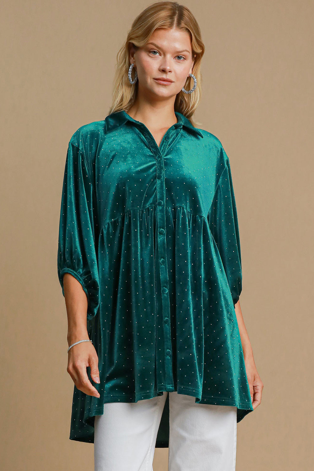 Umgee Teal Green Velvet Beaded Collared Neck Button Up Tunic Teal Green Shirts & Tops