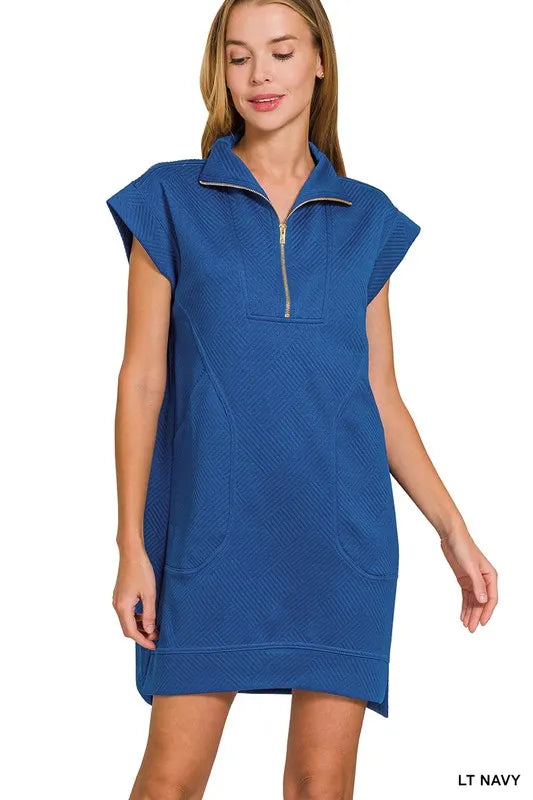 Zenana Light Navy Textured Knit Jacquard Quarter Zipper Mini Dress LT NAVY