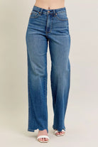 Judy Blue Medium Washed High Waist Tummy Control Chew Hem Destroyed Wide Jeans