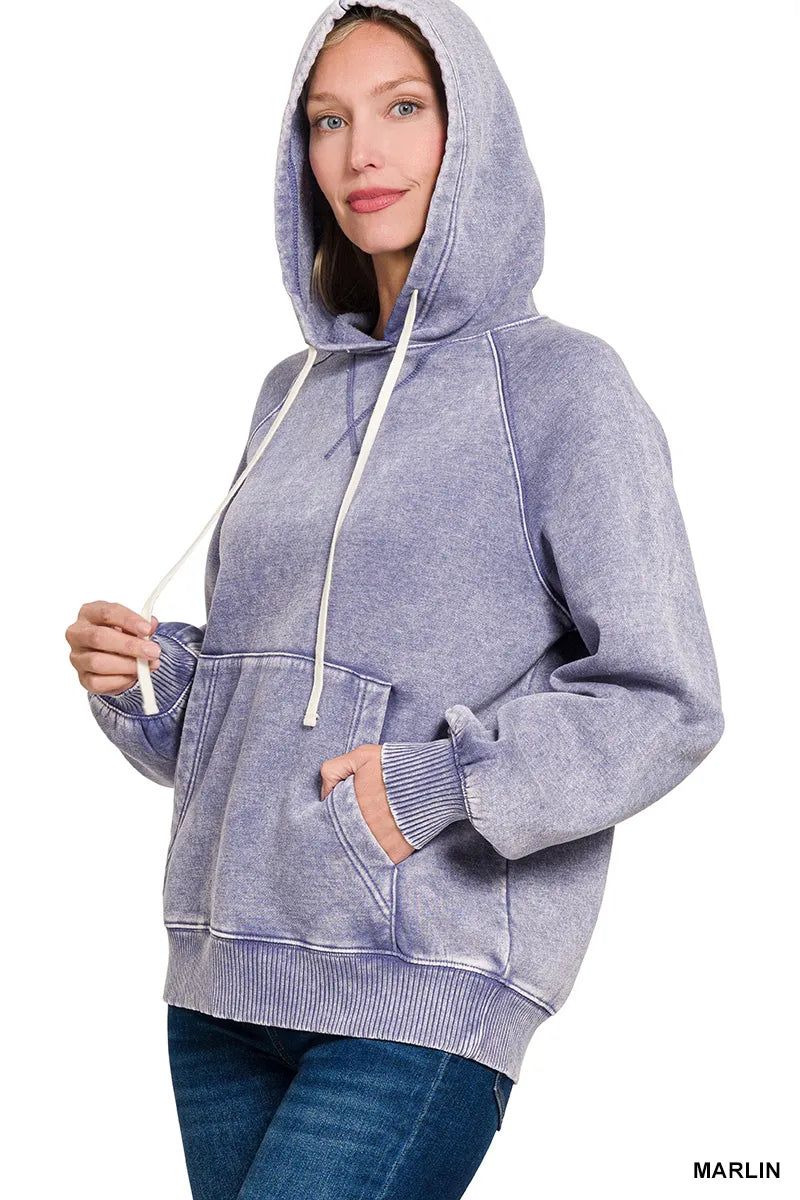 Zenana Marlin Acid Wash Fleece Hoodie with Kangaroo Pocket