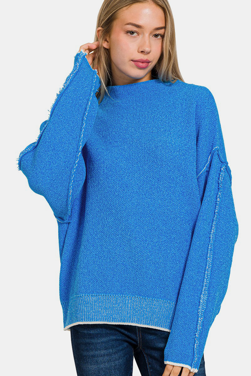 Zenana Ocean Blue Exposed Seam Mock Neck Long Sleeve Sweater Trendsi