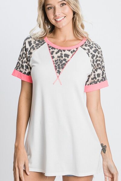 Heimish Ivory Leopard Round Neck Short Sleeve T-Shirt with Stitch