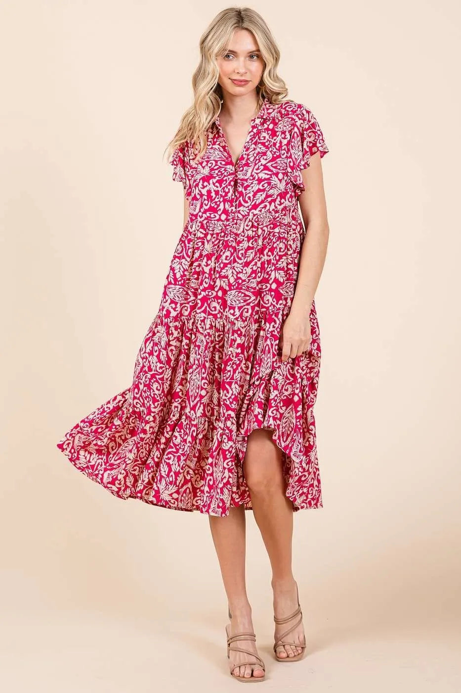 Mittoshop Fuchsia Abstract Print Ruffle Tier Midi Dress