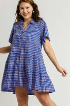 Umgee Gingham Tiered Button Detail Short Sleeve Dress