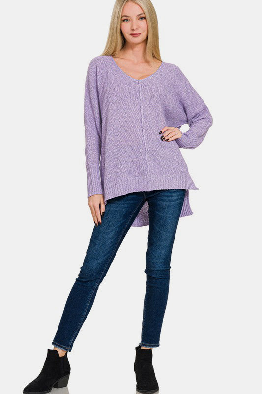 Zenana Lavender High-Low Center Seam V-Neck Sweater Shirts & Tops