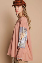 POL Coral Clay Round Neck Long Sleeve Roomy Fit Top with Stitch Detail
