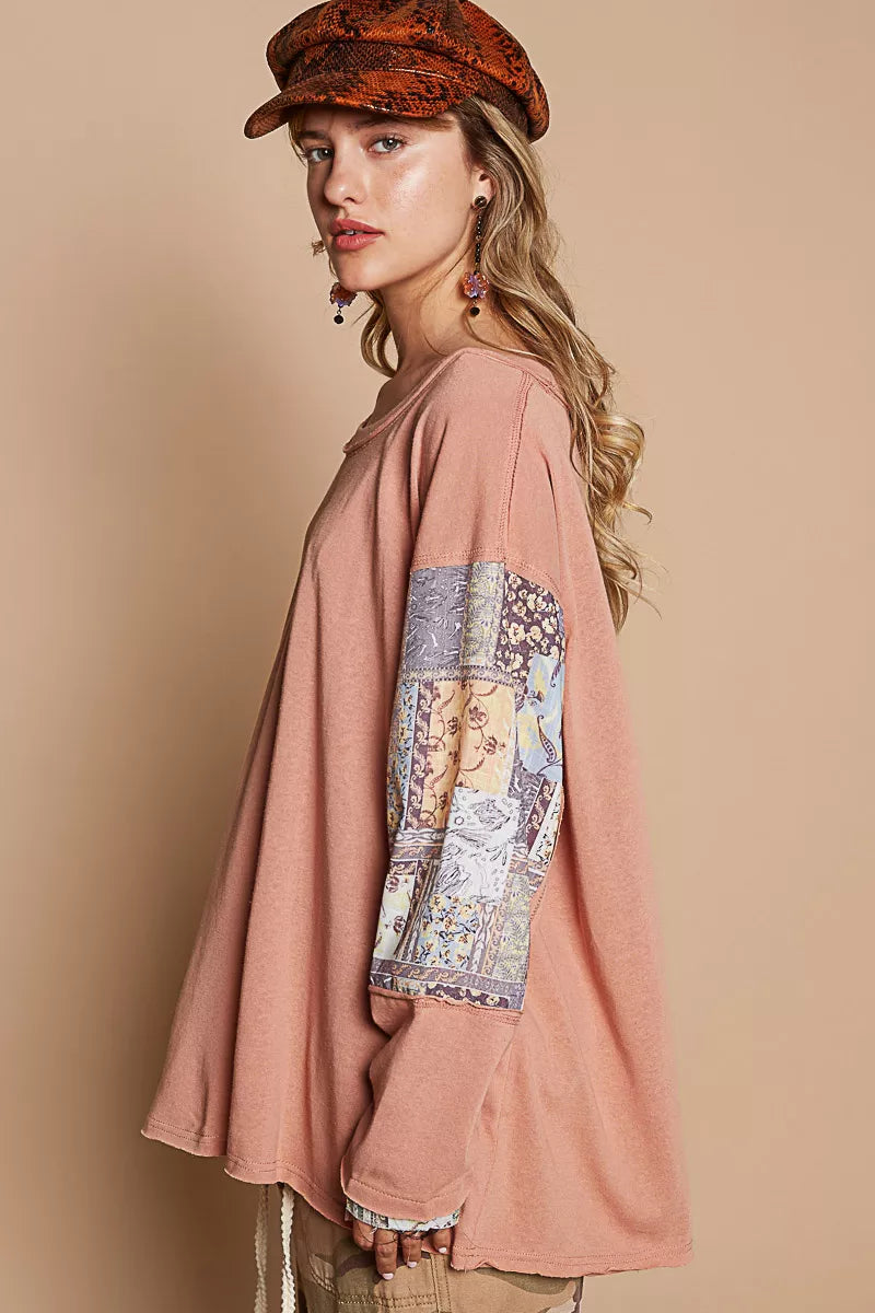 POL Coral Clay Round Neck Long Sleeve Roomy Fit Top with Stitch Detail