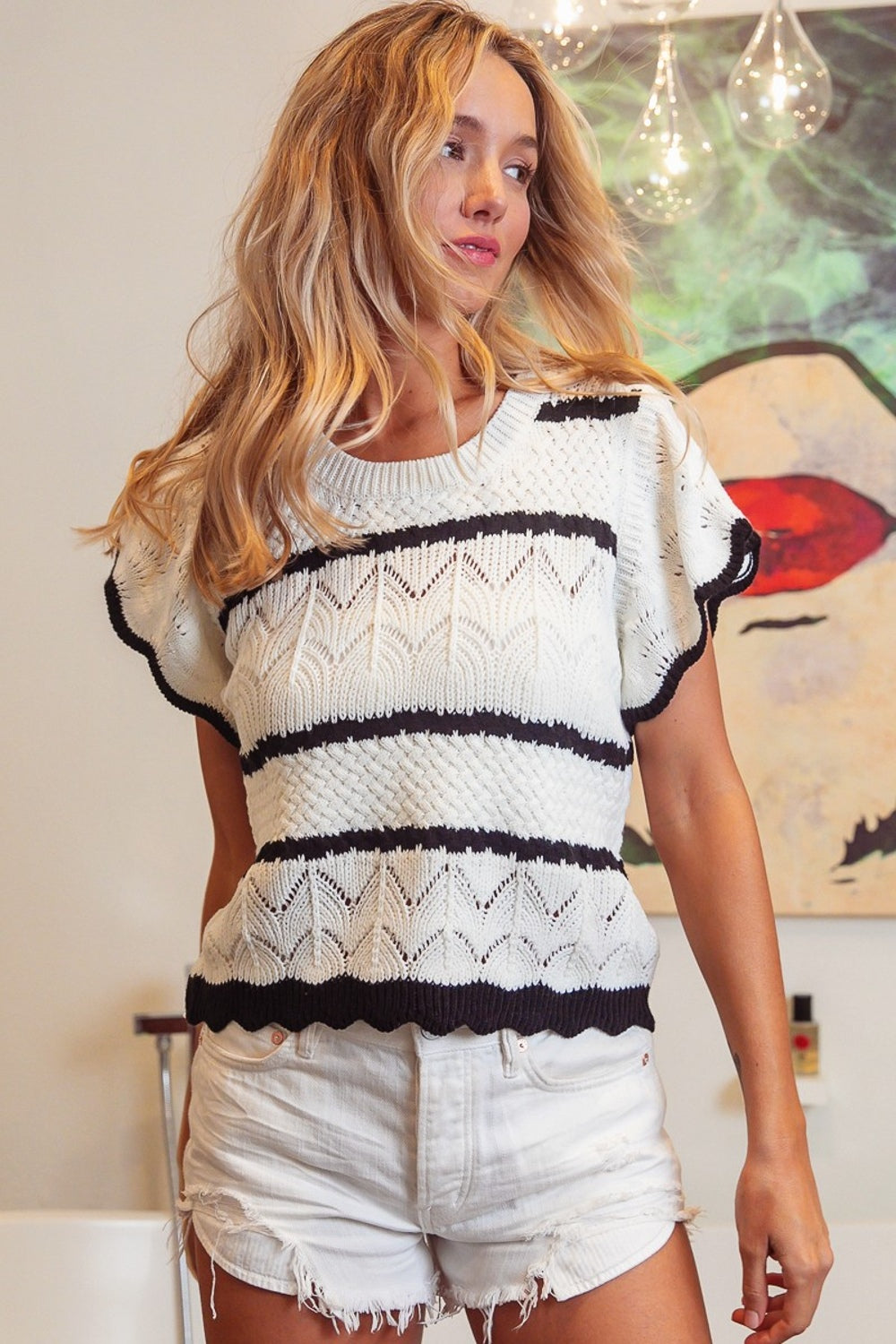BiBi Ivory & Black Pointelle Contrast Striped Short Sleeve Knit Top Trendsi