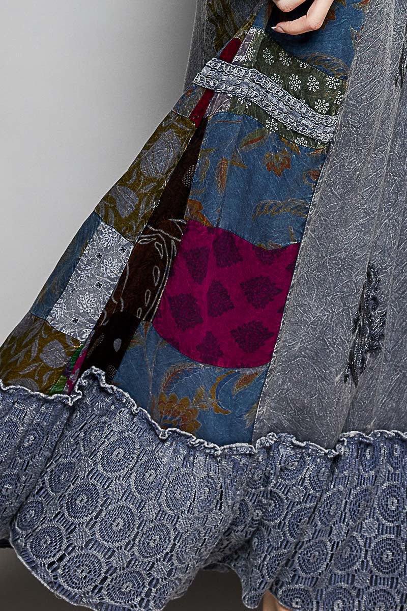 POL Charcoal Multi Printed Patchwork Embroidered Ruffled Bohemian Skirt