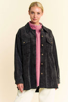 Davi & Dani Black Washed Corduroy Raw Hem Button Up Jacket Coats & Jackets