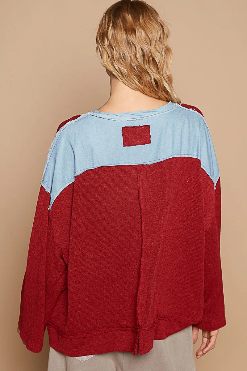 POL Dark Red Exposed Seam Relaxed Fit Sweater with Star Denim Patches