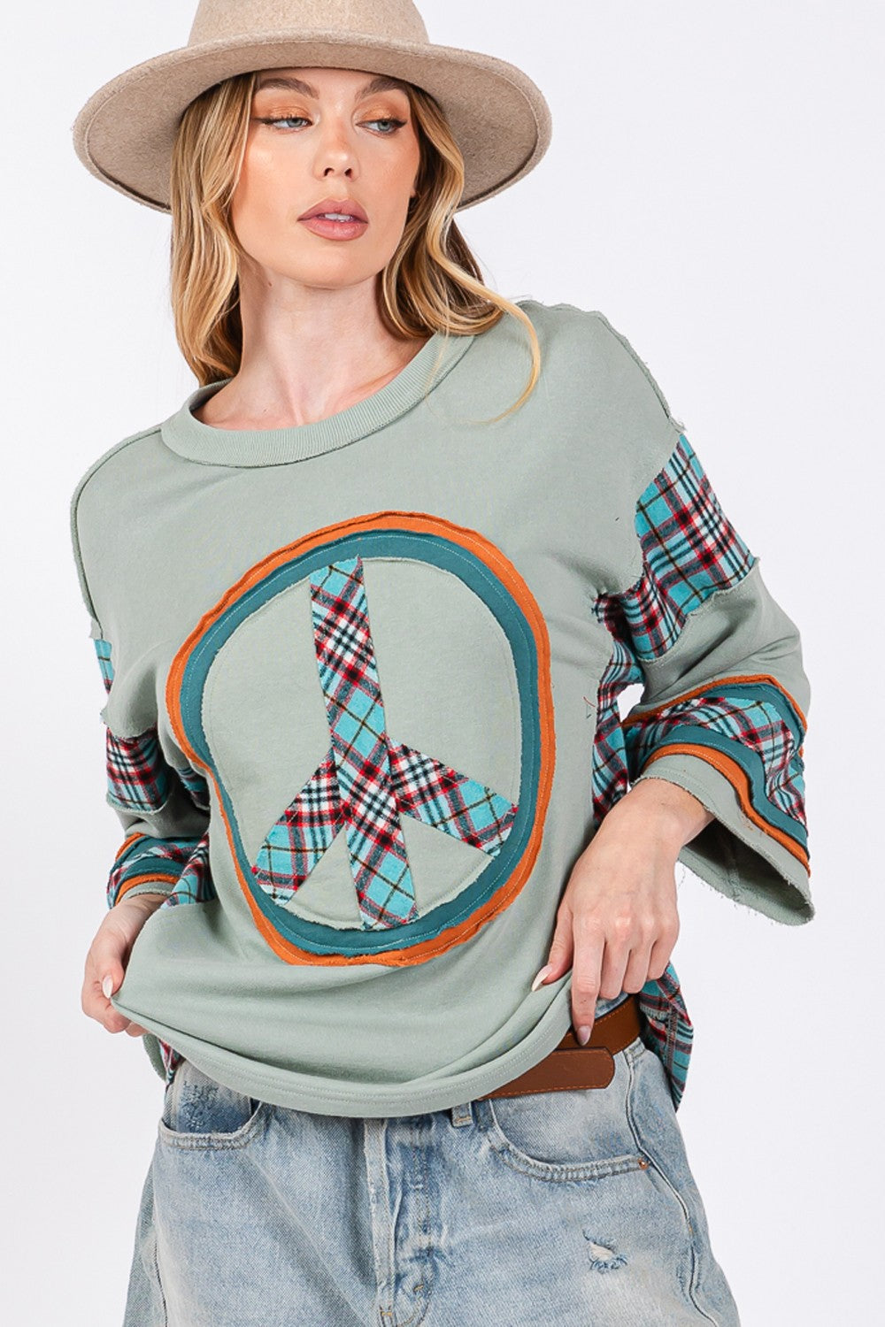 SAGE + FIG Peace Applique Patch Contrast Plaid Top in Autumn Sage Trendsi