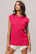 BiBi Fuchsia Patch Pocket Cap Sleeve Sweater Top Trendsi