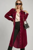 Umgee Burgundy Textured Curved Hem Button Down Shirt Dress Dresses