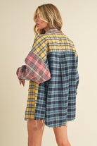 Aemi + Co Frayed Hem Color Block Plaid Drop Shoulder Long Sleeve