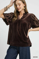 Umgee Brown Velvet Embroidered Sleeve Blouse Brown