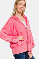 Zenana Fuchsia Acid Washed French Terry Zip-Up Hoodie with Pockets Shirts & Tops