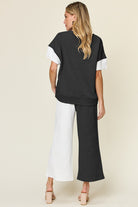 Double Take: 4 Colors: Quilted Textured Contrast Top and Wide Leg Pants Set Loungewear Set