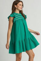 Umgee Jade Green Smocked Contrast Stitching Ruffle Cap Sleeve Round Neck Dress P