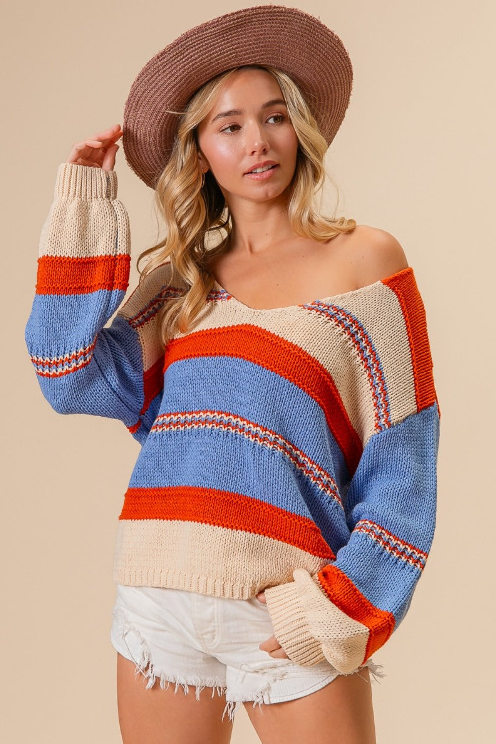 BiBi Multi Color Stripe Scoop Neck Sweater Rust Oatmeal Blue Trendsi