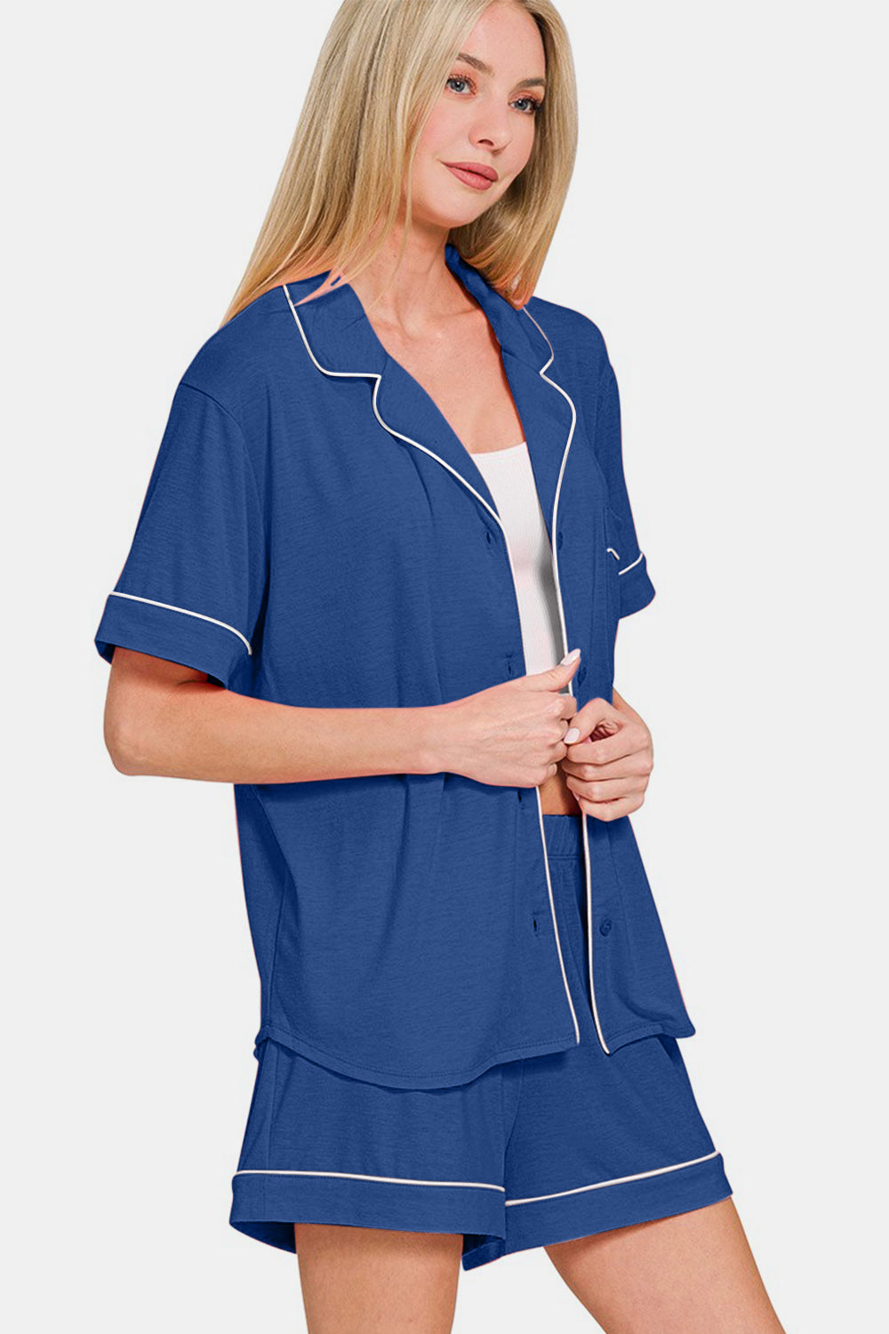 Zenana Navy Button Down Short Sleeve Top and Shorts Lounge Set Loungewear Set