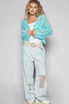 POL Aqua Cable-Knit Openwork V-Neck Button Up Cardigan