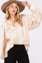 SAGE + FIG Champagne Notched Long Sleeve Blouse Trendsi