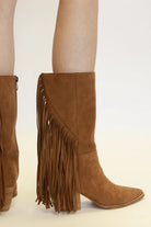 Beast Fashion Suede Fringe Point Toe Boots in Coffee Coffee Shoes