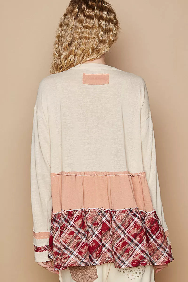 POL Coconut Multi Round Neck Half Button Color Block Top with Merrow Edge Detail