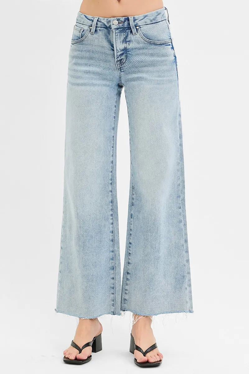 RISEN Tummy Control Low Rise Wide Leg Raw Cut Hem Jeans