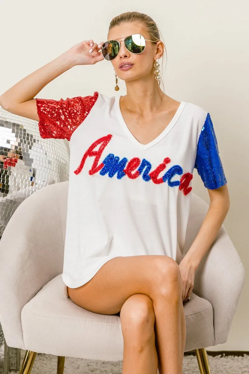 BiBi Metallic Letter America V-neck Sequin Sleeves Top