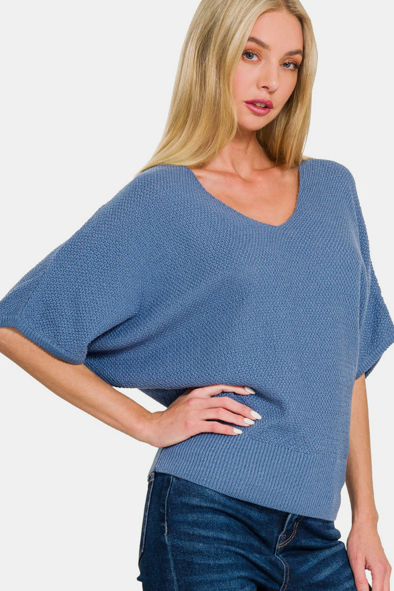 Zenana Dusty Blue V-Neck Short Sleeve Dolman Sweater Dusty Blue Trendsi