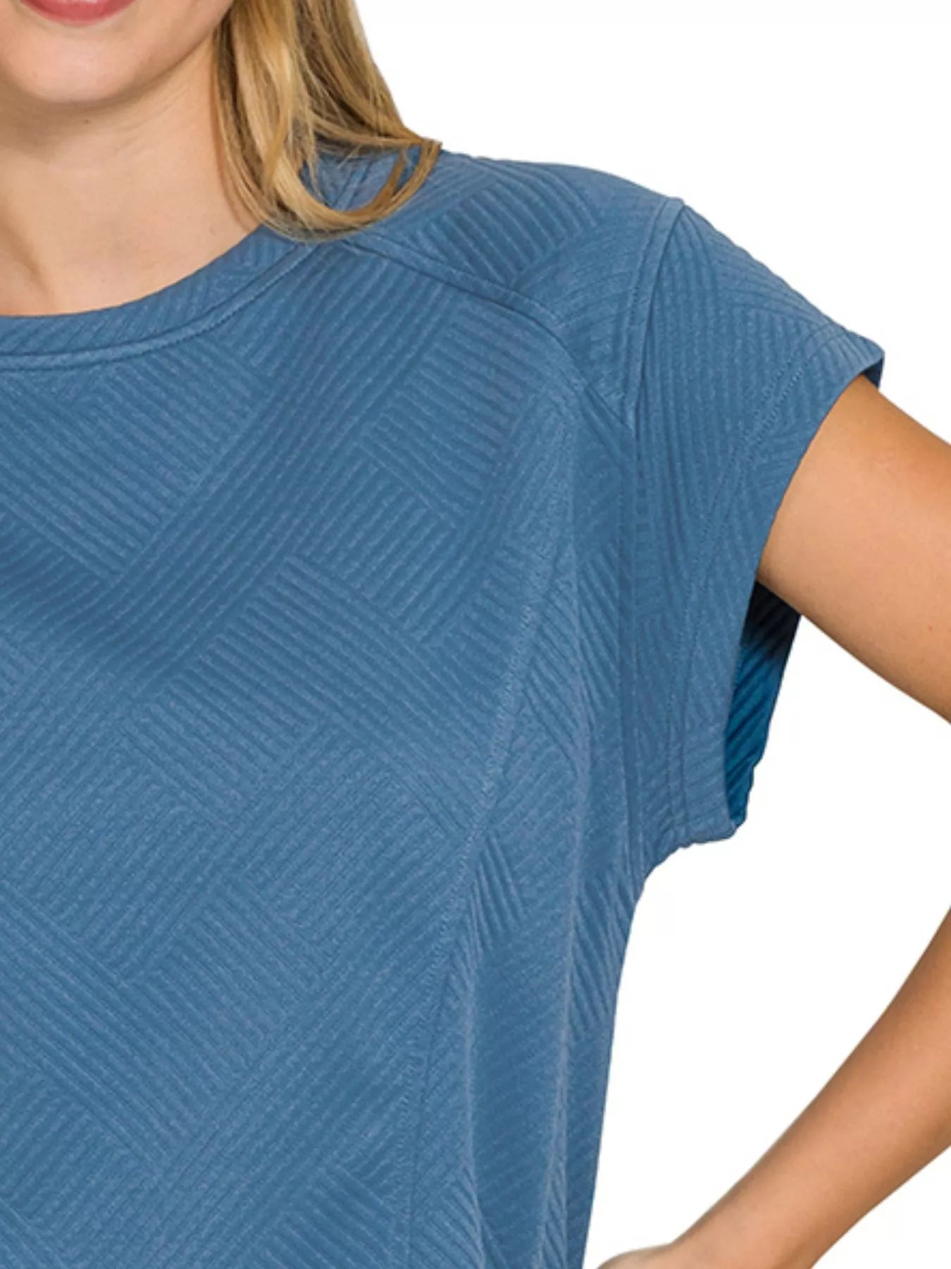 Zenana Dusty Blue Textured Knit Jacquard Short Sleeve Top