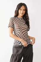 Davi & Dani Checker Board Printed Mesh Short Sleeve Top BLACK