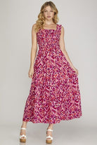 She + Sky Deep Rose Smocked Printed Wide Strap Tiered Dress Deep Rose