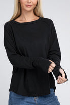 Zenana Cotton Raglan Sleeve Thumbhole Top BLACK ZENANA