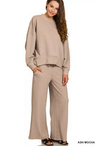 Zenana Ash Mocha Ribbed Round Neck Pullover and Drawstring Pants Set