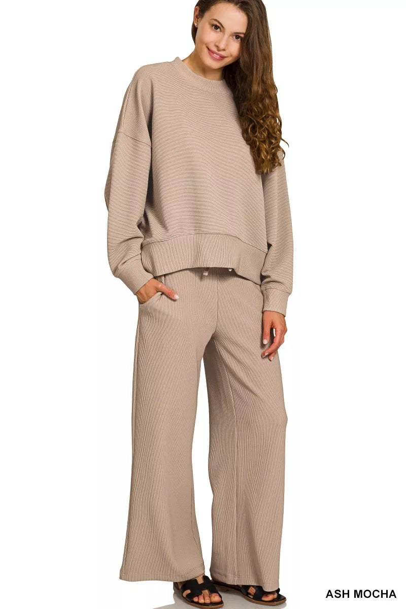 Zenana Ash Mocha Ribbed Round Neck Pullover and Drawstring Pants Set