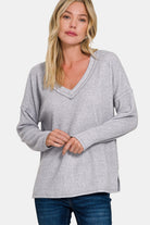 Zenana Heather Grey V Neck Ribbed V-Neck Drop Shoulder Top H Grey Shirts & Tops