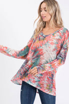 BiBi Multi Color Tie Dye V-Neck Long Sleeve Hacci Top