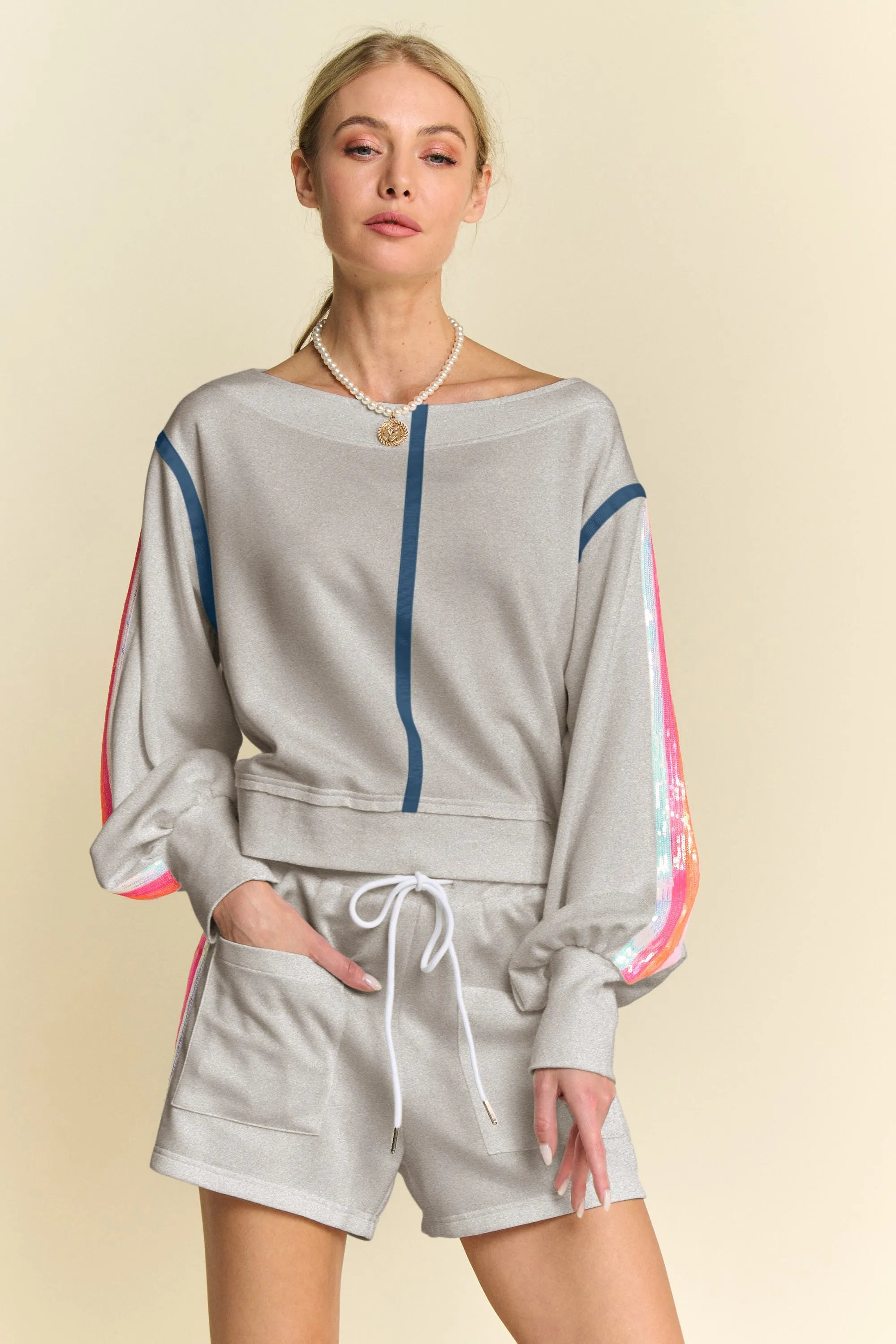 Davi & Dani Gray Sequin Stripe Long Sleeve Top And Short Set