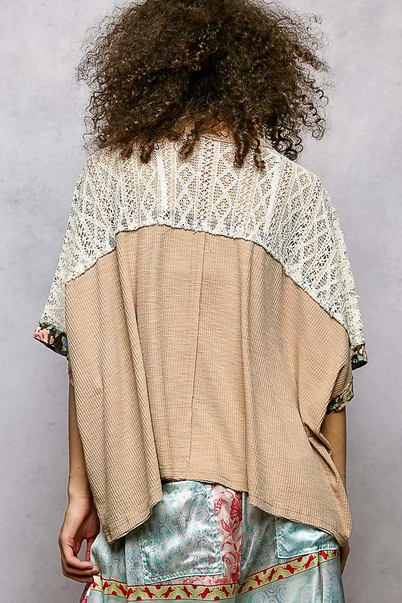 POL Dried Taupe Floral Patchwork Lace Accent Blouse