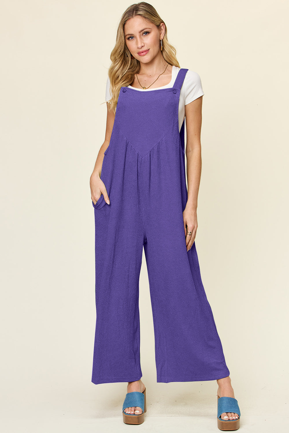 Preorder: Double Take Textured Sleeveless Wide Leg Overalls Indigo Trendsi