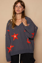 POL Charcoal Long Sleeve Star Berber Patch Sweater Charcoal Shirts & Tops